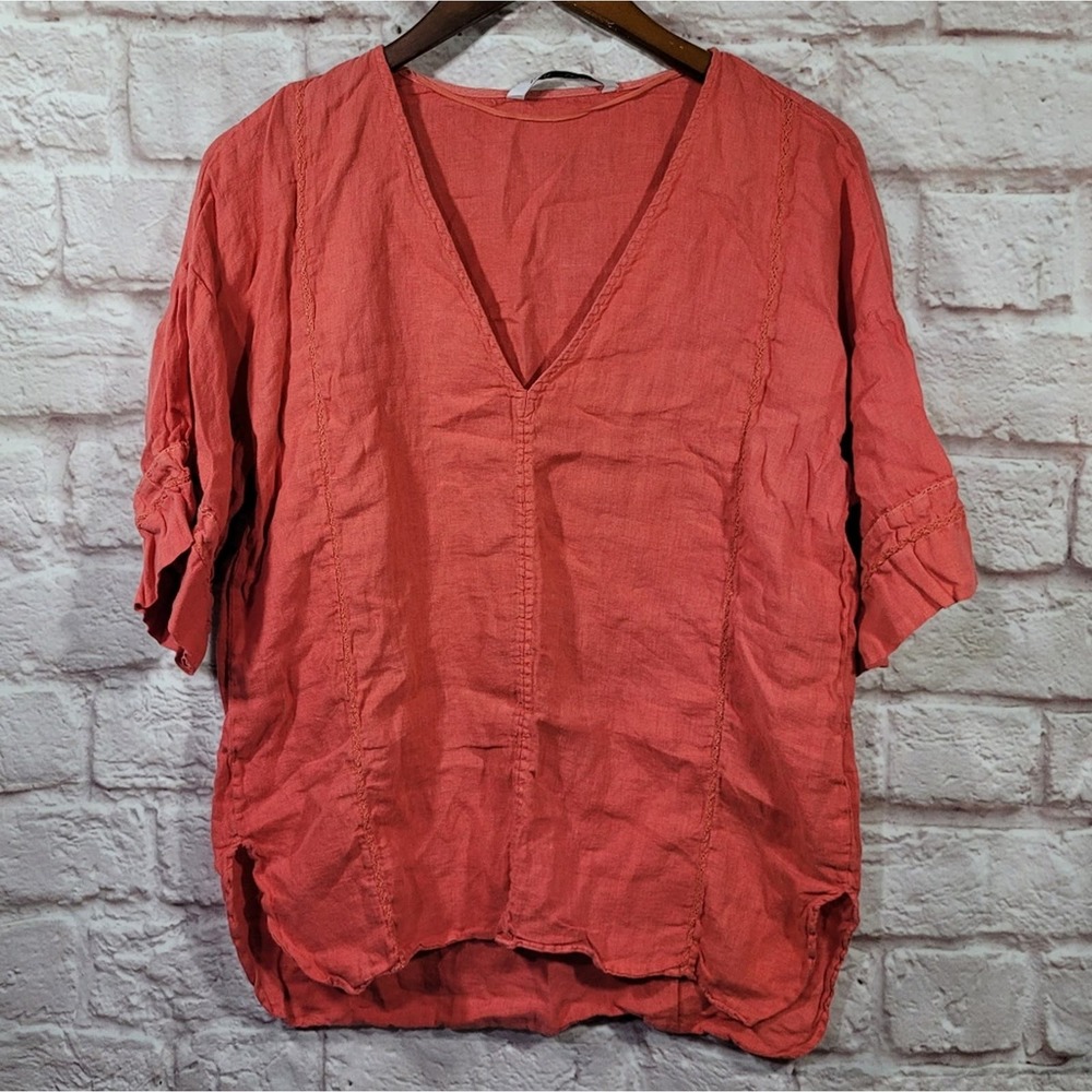 Zara Coral Linen V Neck Half Sleeve Hi Low Braided Trim Blouse